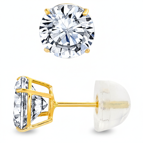 14K Solid Gold Round Stud Earrings Silicone Cubic Zirconia CZ