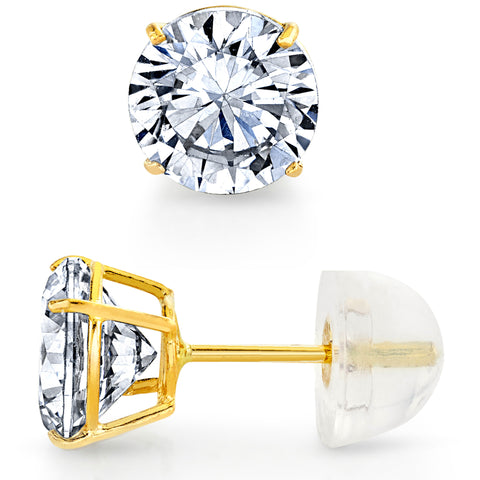 14K Solid Gold Round Stud Earrings Silicone Cubic Zirconia CZ