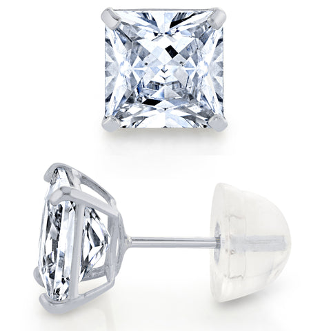 14K White Gold Stud Earrings Princess Silicone 2.5ct Cubic Zirconia CZ