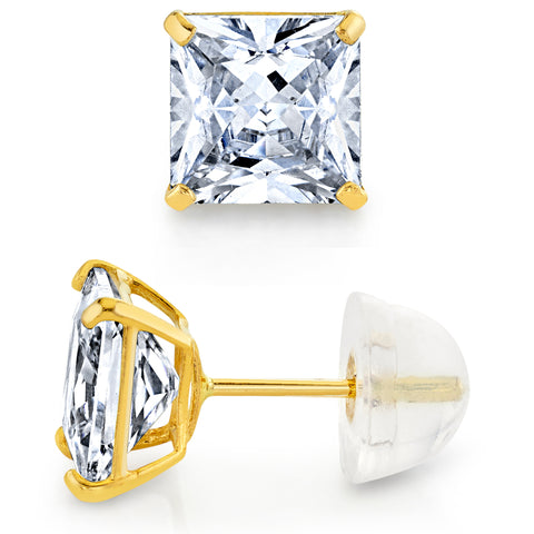 14K Gold Stud Earrings Princess Silicone Cubic Zirconia CZ