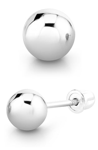 14K Solid White Gold Round Ball Stud Earrings Screw-back