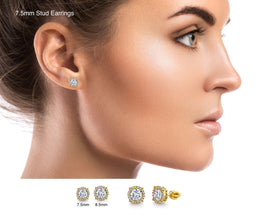 2.25 and 1.25 Carat 18K Gold Over Sterling Silver Dainty Halo Round Moissanite Screw Back Stud Earrings