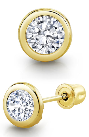 14K Solid Gold Simulated Diamond Round Bezel Screw-Back Stud Earrings CZ