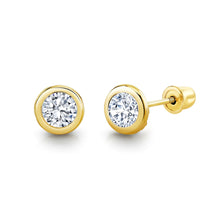 14K Solid Gold Simulated Diamond Round Bezel Screw-Back Stud Earrings CZ