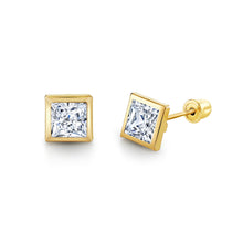 14K Solid Gold Simulated Diamond Princess Bezel Screw-Back Stud Earrings CZ