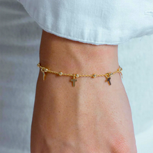 Womens 14K Gold Plated Bead Ball Cross Charm Bracelet 925 Sterling Silver Adjustable Chain