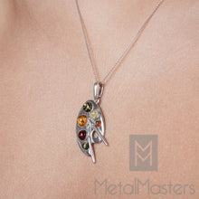 Baltic Amber Artist Painter Palette Sterling Silver Pendant Necklace 18