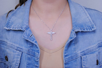 Sterling Silver 925 Angel Cross Charm Pendant Diamond Adjustable Necklace 16-18