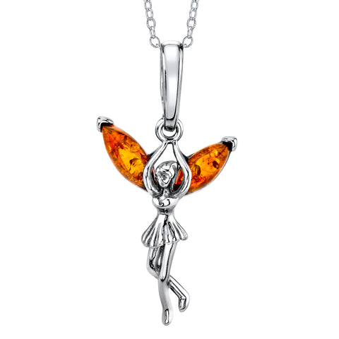 Baltic Amber Fairy Ballerina Sterling Silver Pendant Necklace 18