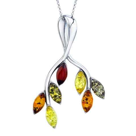 Womens Sterling Silver Baltic Amber Pendant Necklace Leaves Tree Branch 18