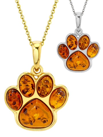 Baltic Amber Dog Paw 14K Goldplated 925 Sterling Silver Pendant 18