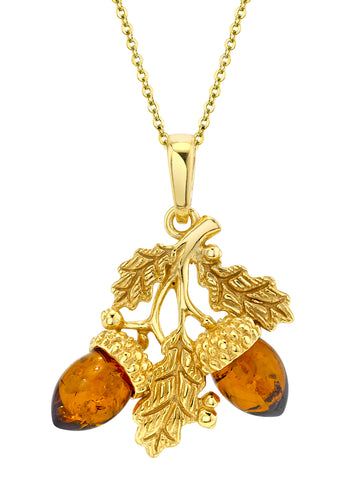Baltic Amber Acorn Oak Leaf Branch 14K Goldplated Sterling Silver Pendant 18
