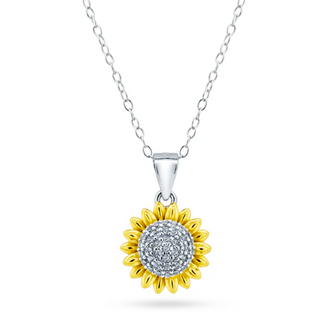 Womens 14K Gold Plated Sun Flower Pendant Necklace Cubic Zirconia Two-Tone Adjustable Chain 16-18in