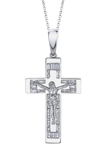2.2 Carats 925 Sterling Silver Cross Crucifix Pendant Necklace Baguette CZ 2.4-Inch