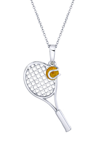 925 Sterling Silver Tennis Racquet & Ball Pendant Amber Necklace 18