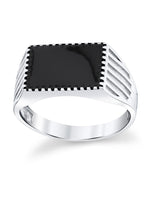 Men's Signet Pinky Ring Sterling Silver Black Enamel Inlay Milgrain Caved 10MM