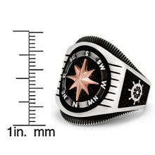 Men's Nautical Compass Sailing Ring 925 Sterling Silver Black Helm Anchor 23MM