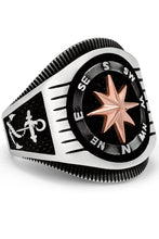 Men's Nautical Compass Sailing Ring 925 Sterling Silver Black Helm Anchor 23MM