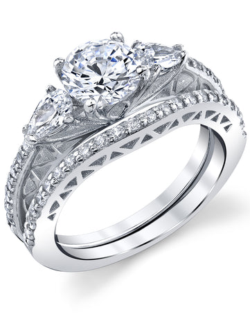 1.32Ct Sterling Silver 3Pc Round-cut Bridal Set Engagement Wedding Ring CZ