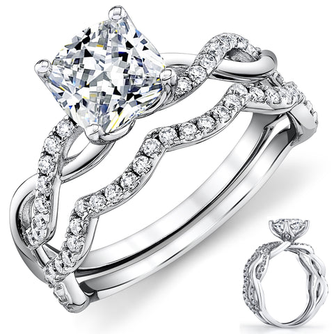 2Ct. Cushion Cut Moissanite Engagement Bridal Set Tulip Basket Setting Contoured Infinity Twist Wedding 18K White Gold Over Silver