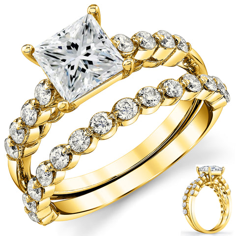 2.10Ct. Princess-Cut Moissanite Wedding Bridal Set Engagement Ring 18K Yellow Gold over Silver