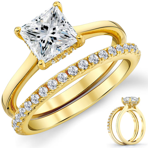 1.85Ct Princess-Cut Moissanite Under Halo Wedding Ring Band Bridal Set 18K Gold over Silver