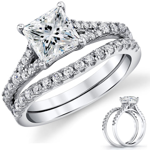 2.3Ct Princess-Cut Moissanite Catherdral Wedding Ring Band Bridal Set 18K White Gold over Silver