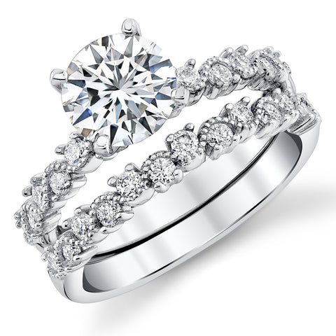 2Ct Round-cut Moissanite Laced Milgrain Bridal Set Engagement Ring 18K White Gold over Sterling Silver