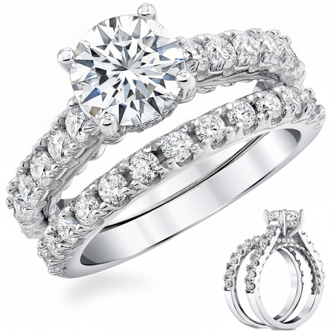 3.3Ct Round Moissanite Cathedral Style Wedding Ring Under Halo Bridal Set 18K White Gold over Silver