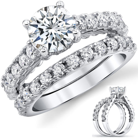 3.3Ct Round Moissanite Cathedral Style Wedding Ring Under Halo Bridal Set 18K White Gold over Silver