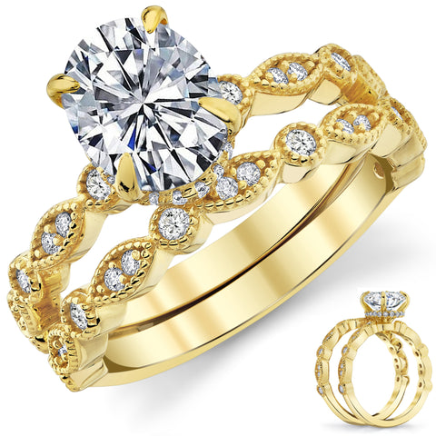 2.5Ct Victorian Oval Moissanite Bridal Set Under Halo Migrain Wedding Band 18K Gold over Silver