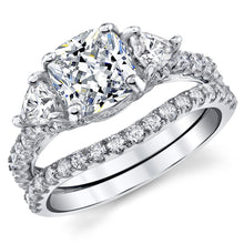 2.75Ct Moissanite Trillion Halo Past Present Future Cushion Filigree 18K White Gold over Silver Wedding Engagement Ring Set