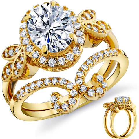 3Ct. Moissanite 18K Gold over Silver Halo Papillion Engagement Wedding Ring Bridal Set