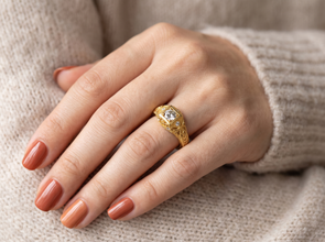 Women's 1Ct. Moissanite Carved 18K Gold over 925 Sterling Silver Vintage Bridal Engagement Ring VVS D-Color