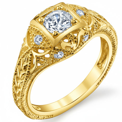 Women's 1Ct. Moissanite Carved 18K Gold over 925 Sterling Silver Vintage Bridal Engagement Ring