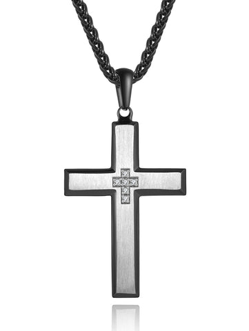 Men's Stainless Steel Cross Pendant Necklace Two-Tone Black Round Cubic Zirconia 24