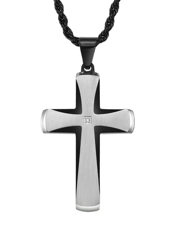 Men's Stainless Steel Cross Pendant Necklace Two-Tone Black Round Cubic Zirconia 24