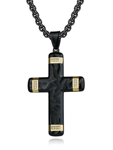 Men's Black Goldtone Stainless Steel Cross Pendant Hammered Fish Round Cubic-Zirconia 24