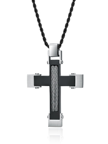 Men's Stainless Steel Cross Pendant Black Silver Twisted Cable Inlay 24