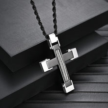 Men's Stainless Steel Cross Pendant Black Silver Twisted Cable Inlay 24