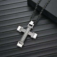 Men's Stainless Steel Cross Pendant Black Silver Twisted Cable Inlay 24