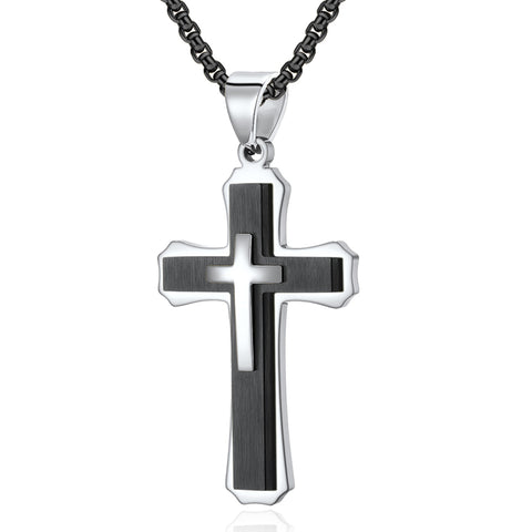 Men's Stainless Steel Cross Pendant Black & Silvertone 24