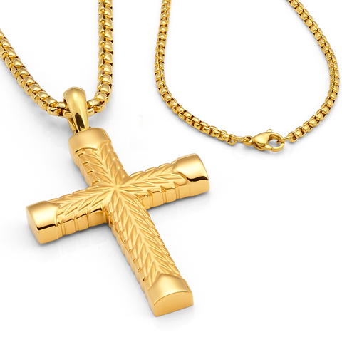 Men's Gold Stainless Steel Chevron Carved Cross Pendant Necklace with 24