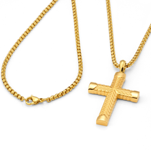 Men's Gold Stainless Steel Chevron Carved Cross Pendant Necklace with 24