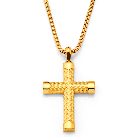 Men's Gold Stainless Steel Chevron Carved Cross Pendant Necklace with 24