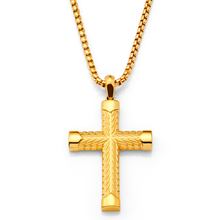 Men's Gold Stainless Steel Chevron Carved Cross Pendant Necklace with 24