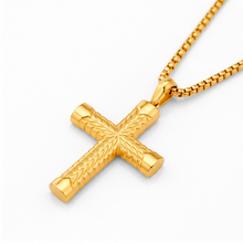 Men's Gold Stainless Steel Chevron Carved Cross Pendant Necklace with 24