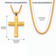 Men's Gold Stainless Steel Chevron Carved Cross Pendant Necklace with 24