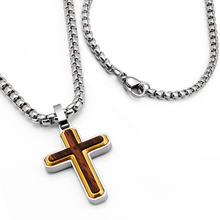 Men's Unisex Stainless Steel Two-Tone Cross Necklace with Real Santos Wood Inlay 24