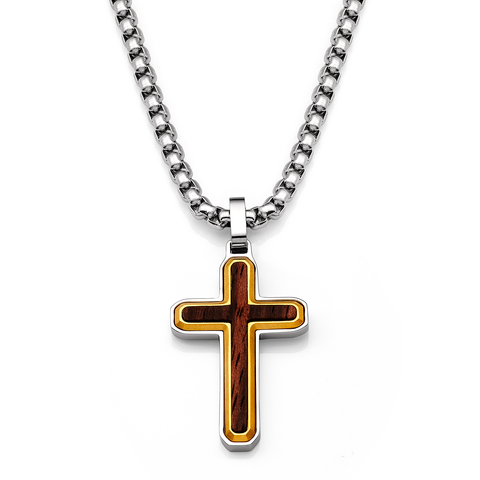 Men's Unisex Stainless Steel Two-Tone Cross Necklace with Real Santos Wood Inlay 24